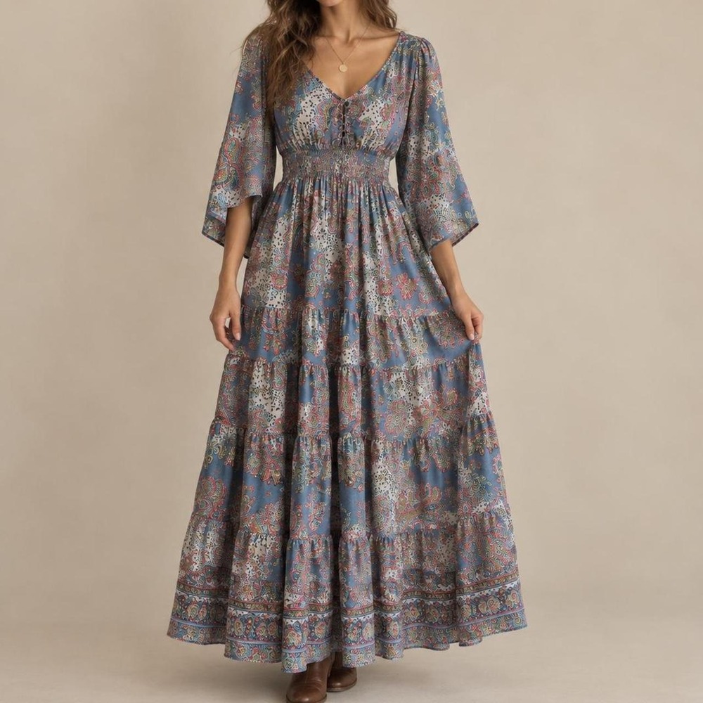 Boemo Women's Large Blue Paisley Boho Tiered Maxi Dress Anthropologie